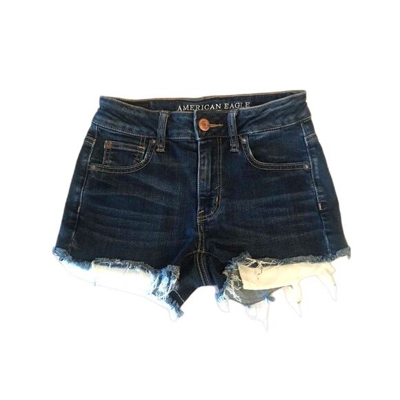 American Eagle dark wash Denim hi-rise stretch jean shorts size 0 y2k - Picture 1 of 10